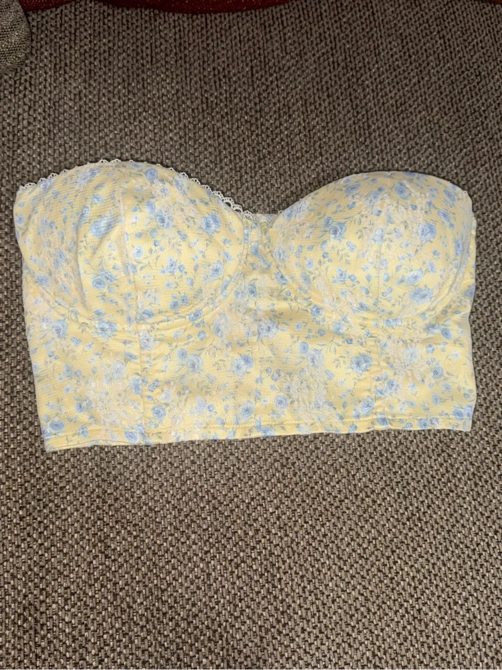Altar'd State Yellow Strapless Floral Crop Top with Blue Accents